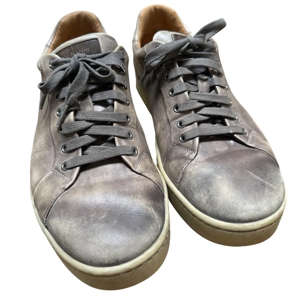 Magnanni Mens Grey Burnished Leather Low Top Sneakers Size 9.5 Luxury Minimalist
